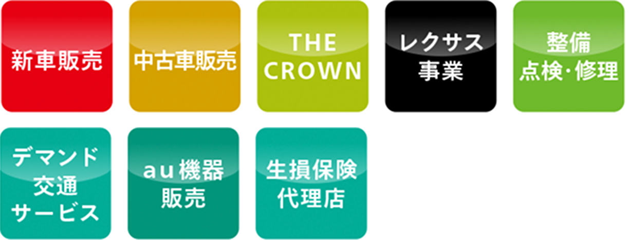 新車販売　中古車販売　THE CROWN　レクサス事業　整備 点検・修理　デマンド交通サービス　au機器販売　生損保険代理店